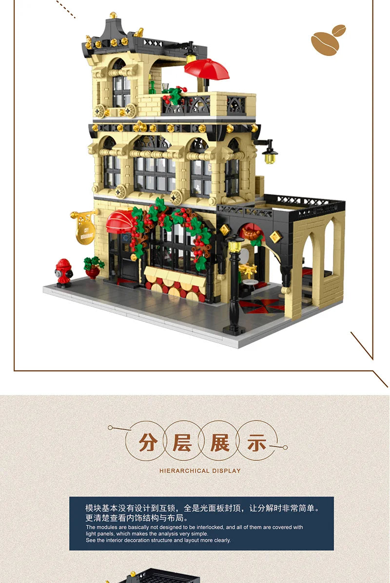 1443-1489pcs Creative City Cafe Light Streetview Building Blocks Bricks Model Sets MOC Modular Architecture Boys Toys Kids Gifts