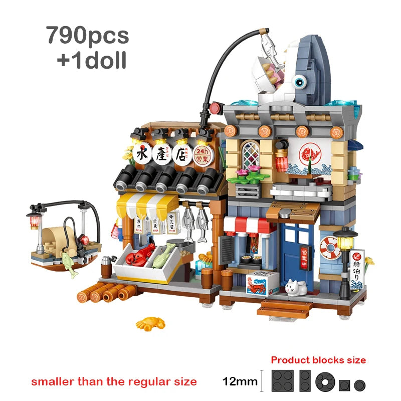 Creative Mini Blocks Kids Building Bricks Snack Bar Sea Fish Food House Lemon Tea Shop Luosifen Store Puzzle Toys Girls Gift