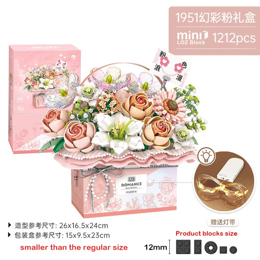 Creative Pink Rose Basket Bouquet Building Blocks Portable Flower Bouquet Gift Box Series Model Bricks For Girls Gifts Kids Toys
