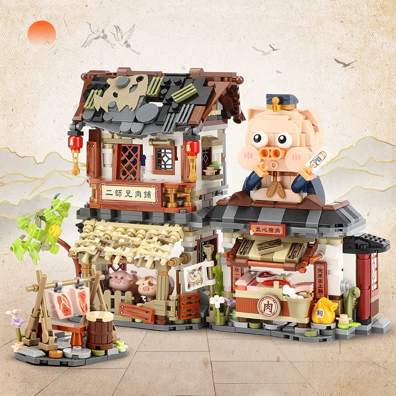 LOZ New Creative Mini Street View Bee Shop Building Block DIY Chinese Folding StreetView Pork Shop Puzzle Toys For Children Gift