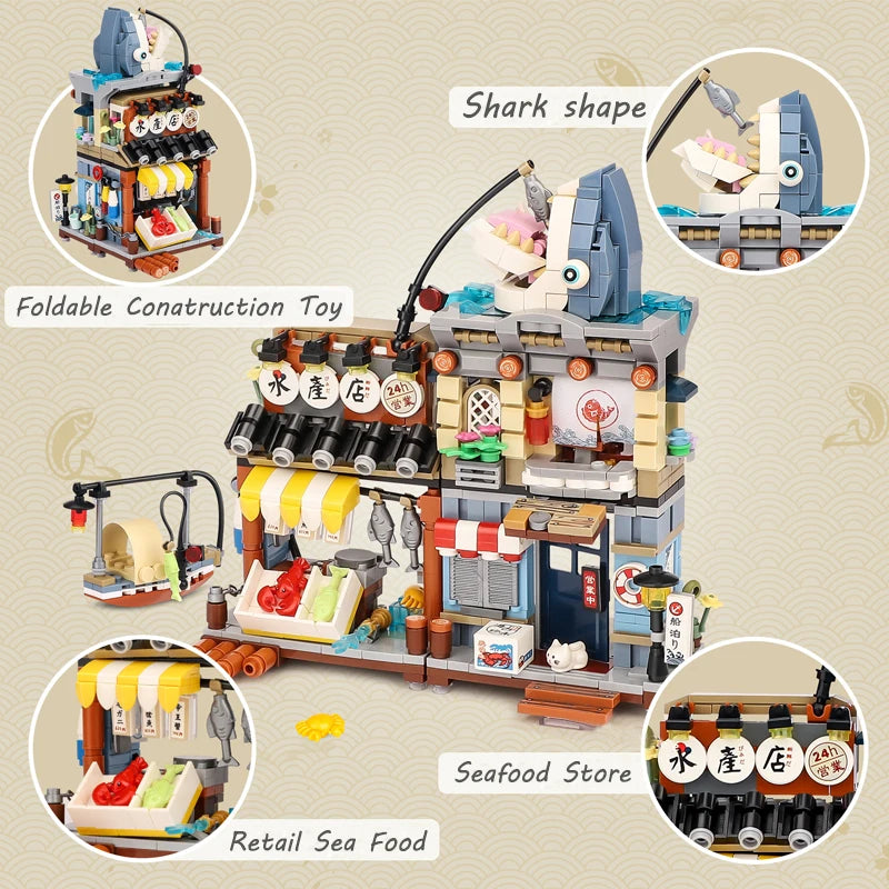 Creative Mini Blocks Kids Building Bricks Snack Bar Sea Fish Food House Lemon Tea Shop Luosifen Store Puzzle Toys Girls Gift