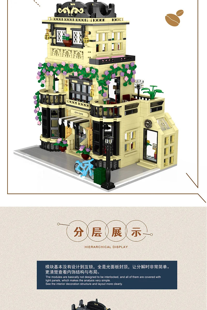1443-1489pcs Creative City Cafe Light Streetview Building Blocks Bricks Model Sets MOC Modular Architecture Boys Toys Kids Gifts