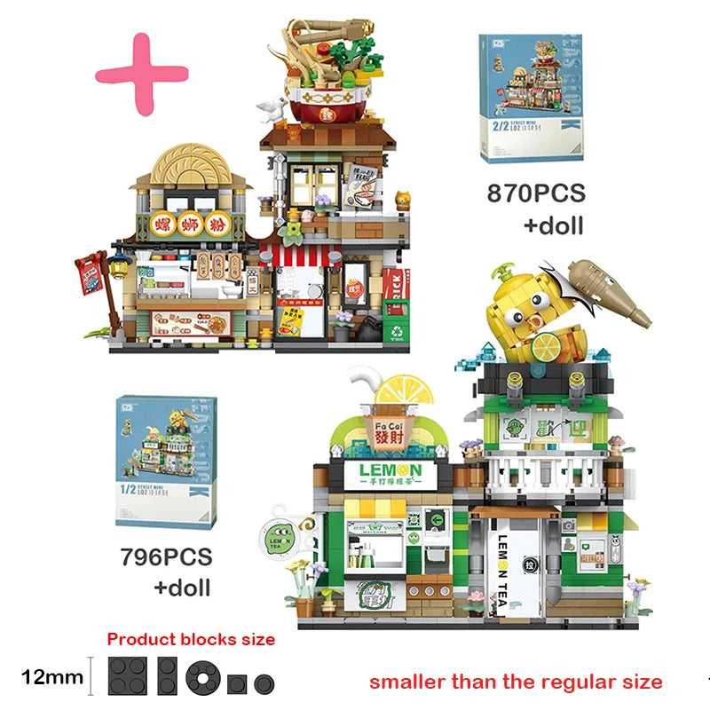 Creative Mini Blocks Kids Building Bricks Snack Bar Sea Fish Food House Lemon Tea Shop Luosifen Store Puzzle Toys Girls Gift