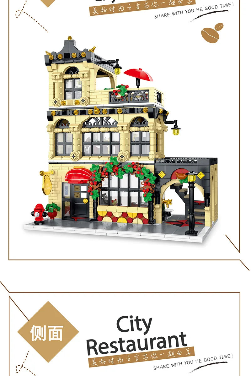 1443-1489pcs Creative City Cafe Light Streetview Building Blocks Bricks Model Sets MOC Modular Architecture Boys Toys Kids Gifts