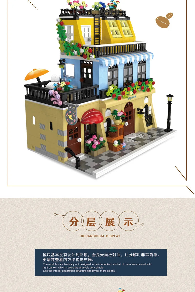 1443-1489pcs Creative City Cafe Light Streetview Building Blocks Bricks Model Sets MOC Modular Architecture Boys Toys Kids Gifts