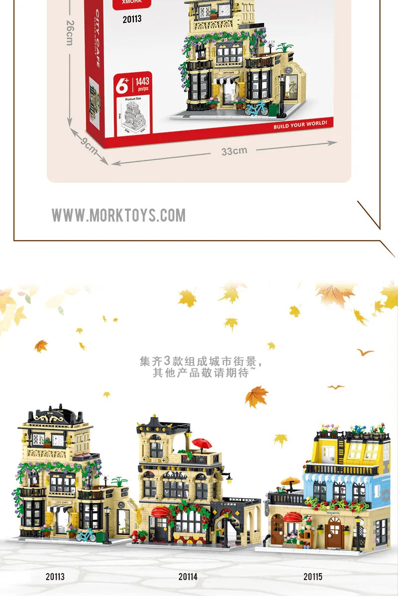 1443-1489pcs Creative City Cafe Light Streetview Building Blocks Bricks Model Sets MOC Modular Architecture Boys Toys Kids Gifts