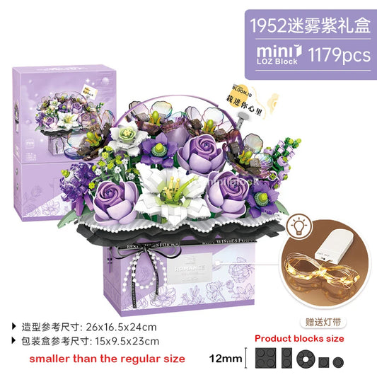Creative Pink Rose Basket Bouquet Building Blocks Portable Flower Bouquet Gift Box Series Model Bricks For Girls Gifts Kids Toys