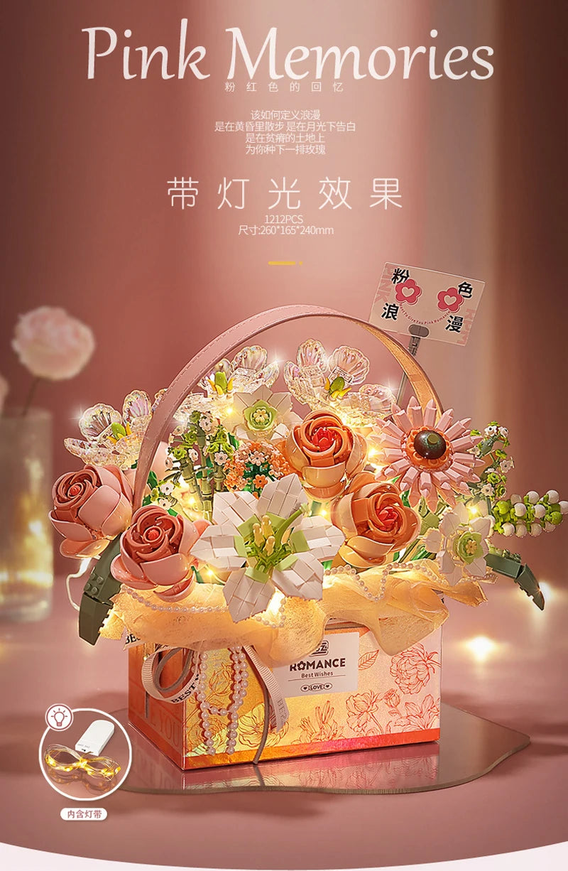 Creative Pink Rose Basket Bouquet Building Blocks Portable Flower Bouquet Gift Box Series Model Bricks For Girls Gifts Kids Toys