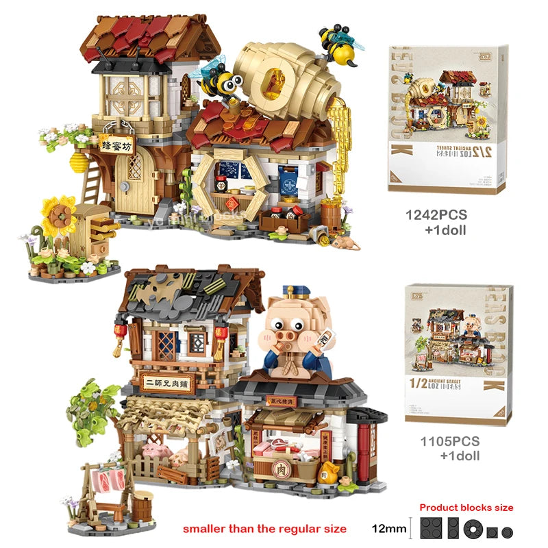 LOZ New Creative Mini Street View Bee Shop Building Block DIY Chinese Folding StreetView Pork Shop Puzzle Toys For Children Gift